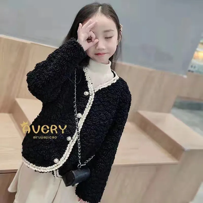 

Girls Fur Coat Jacket Cotton Outwear Overcoat 2022 Lovely Warm Thicken Plus Velvet Winter Autumn Christmas Children's Clothing