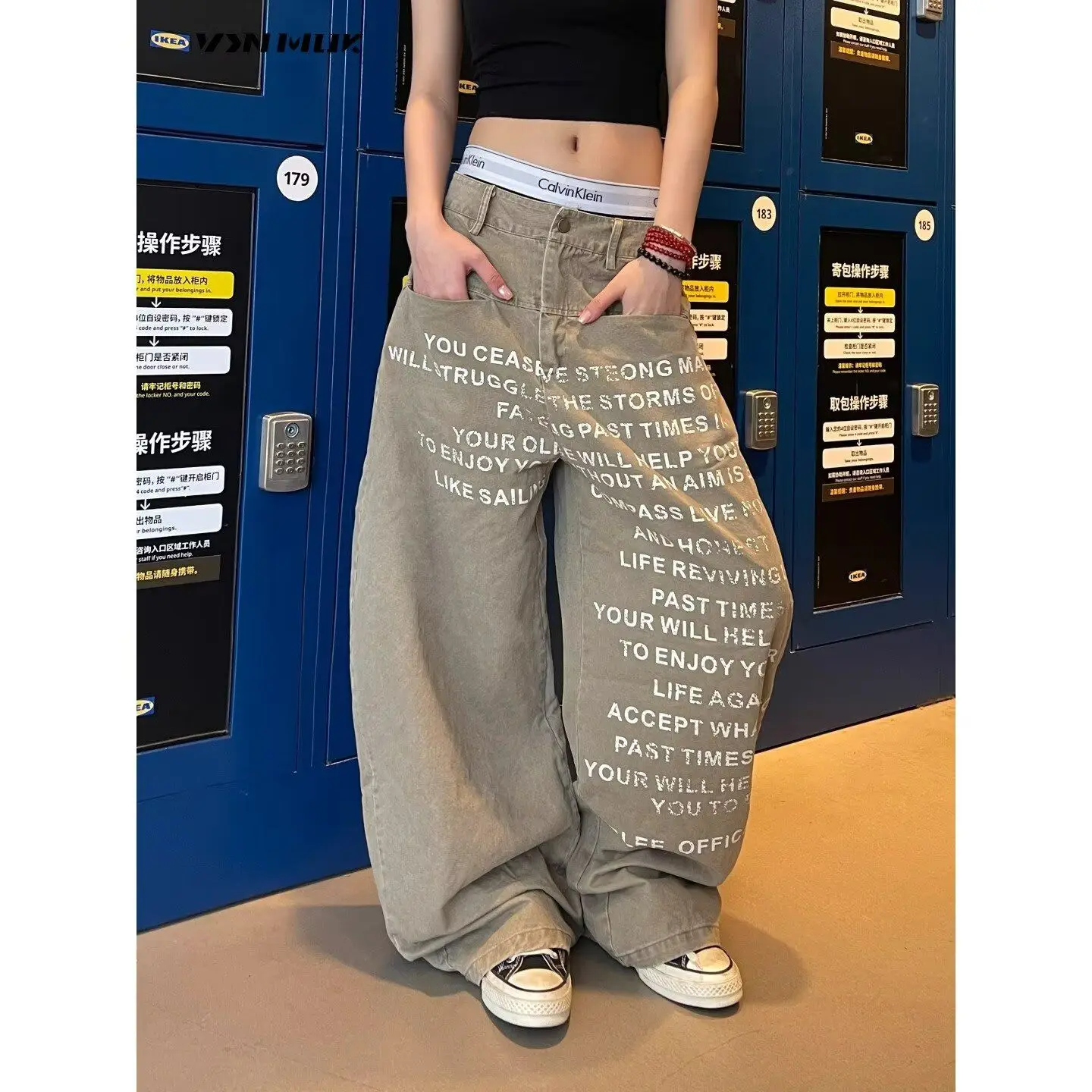 

Y2K Letter Printed Jeans Washed Workwear Curved Pants American Lazy Fashionable Versatile