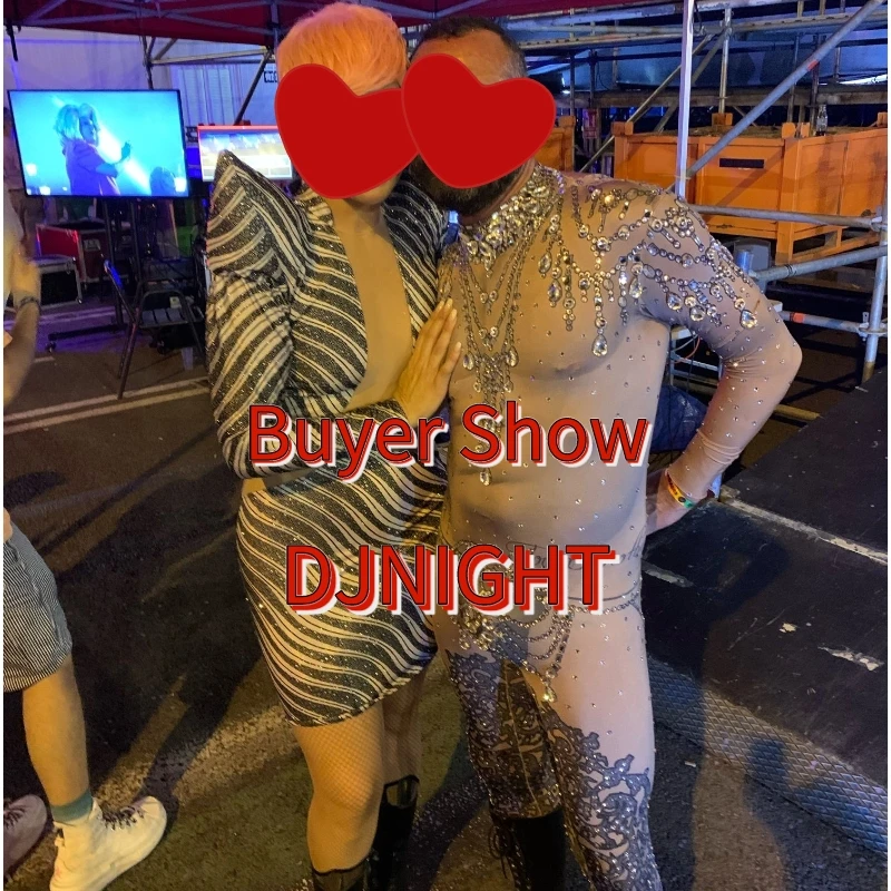 Sexy Rhinstones Jumpsuit Stones Mask Flesh Color Nude Pole Dance Leotards Men Stage Gogo Costume Rave Festival Outfits XS3743