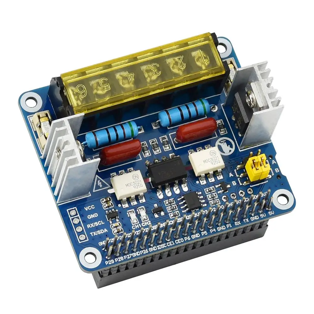 

2-канальный двухканальный двунаправленный триак Waveshare HAT для Raspberry Pi, встроенный микроконтроллер, управление командми UART I2C