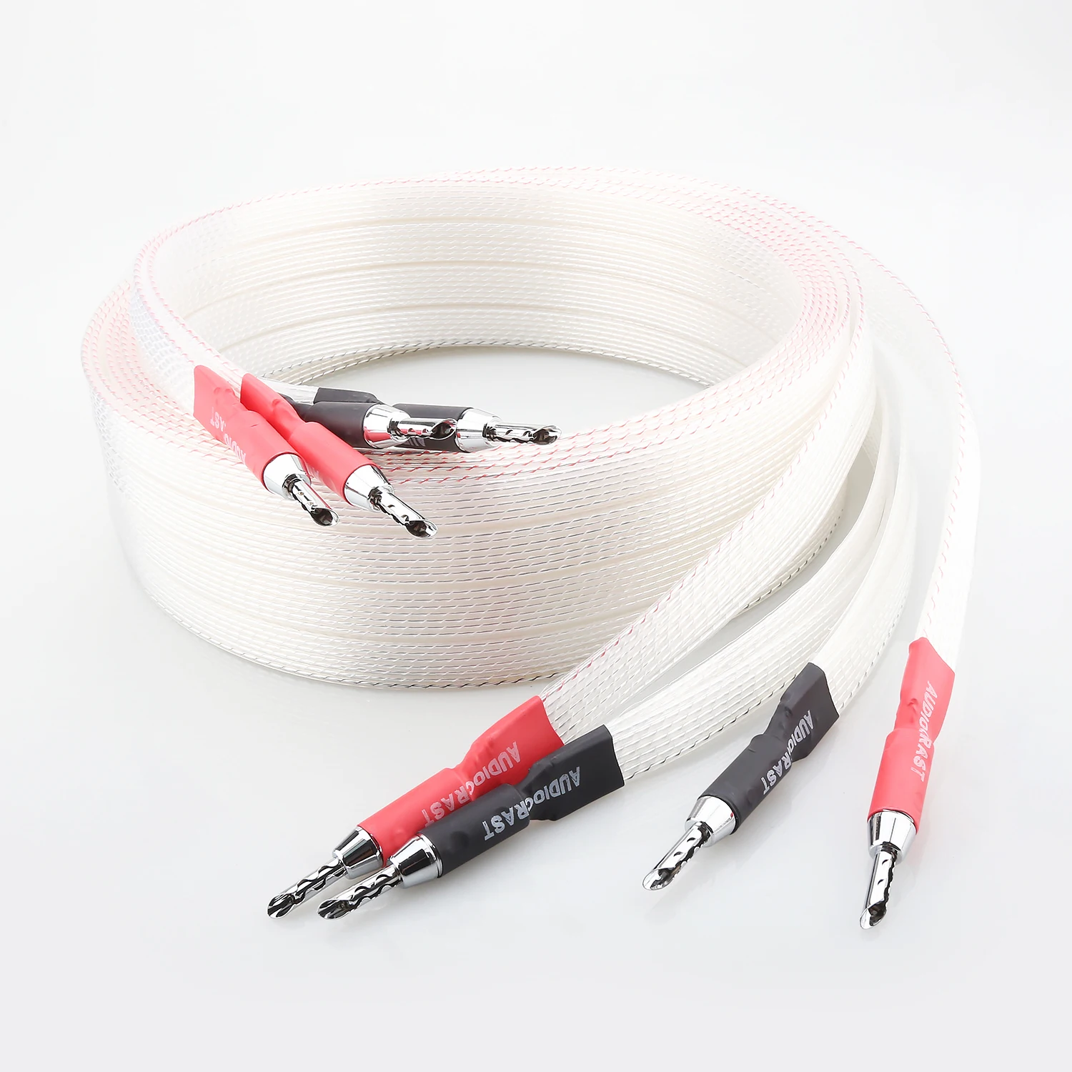 Pair 8N OCC Silver Plated Flat Ribbon Speaker Cable with Y Spade Terminal 4mm BFA Banana Plugs for Amplifier Loudspeaker