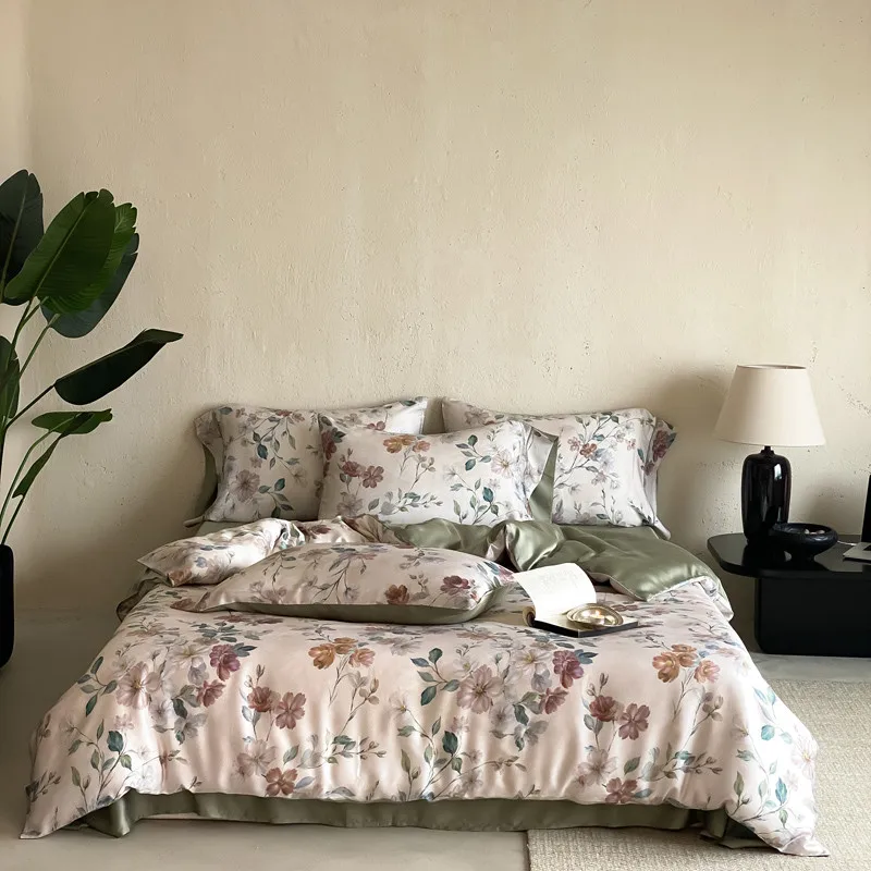 600TC Lyocell Luxury Bedding Set Elegant Floral Print Silky Cooling Duvet Cover Set with Pillowcases Queen King Size Bed Linen