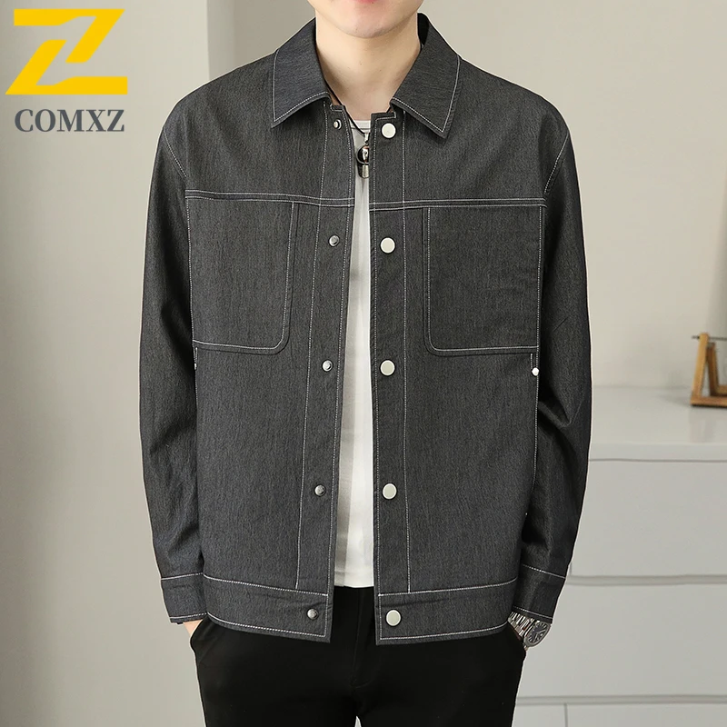 COMXZ Mens Jacket 2025 New Casual Denim Like Camping Lightweight Coat Men Comfortable Streetwear Fashion Spring Autumn Outerwear