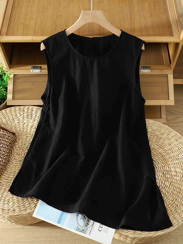 Linen Sleeveless Vest Women's Summer Asymmetric Open-Front Small Shirt Breathable Top Thin Artistic Pure Color Casual Wear
