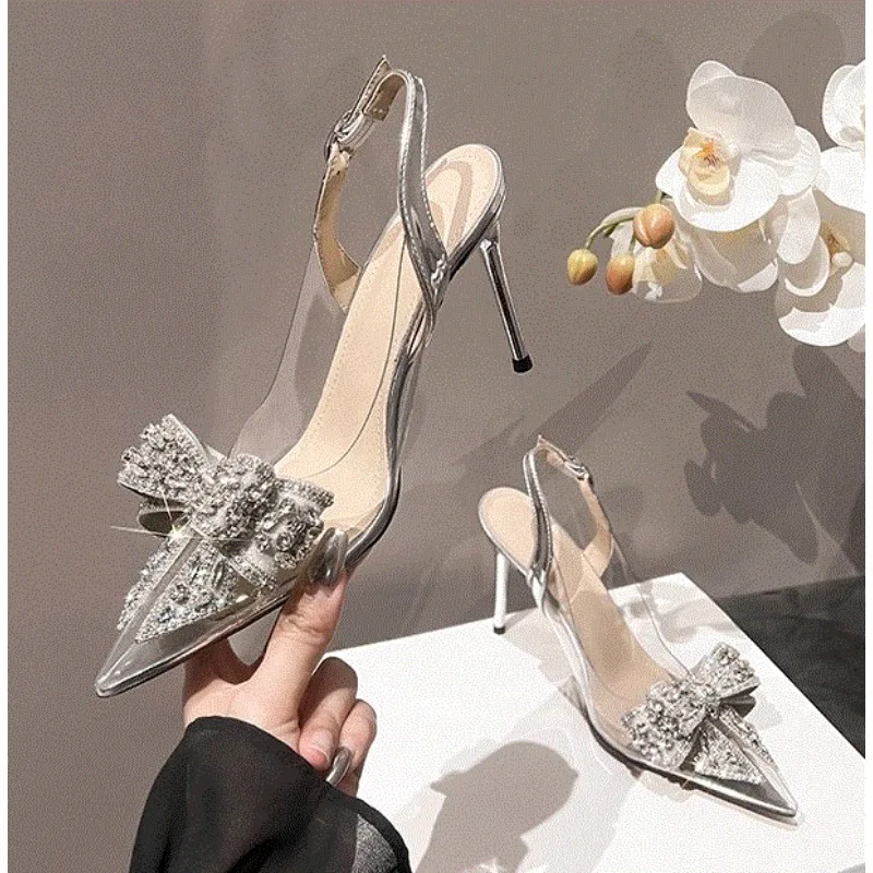 

Fashion Sliver Rhinestone Bow PVC Transparent Women Pumps Autumn Stiletto High Heels Sexy Bride Party Wedding Dress Shoes