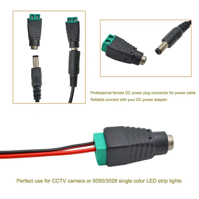 5 par DC 12V męskie złącza żeńskie 2.1*5.5mm adapter wtyczki zasilania gniazda złącze do sygnału kolorowy pasek LED kamera telewizji przemysłowej — zdjęcie 6