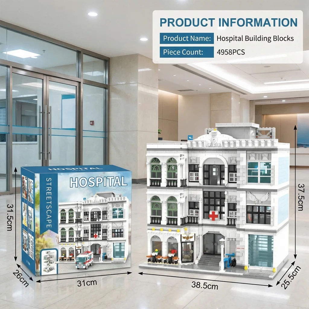 4958PCS Ziekenhuisgebouwen Sets met 17 Figuren Stad Architectuur Modulaire Bouwsteen Assemblagemodel Kit Speelgoed Volwassen Cadeau