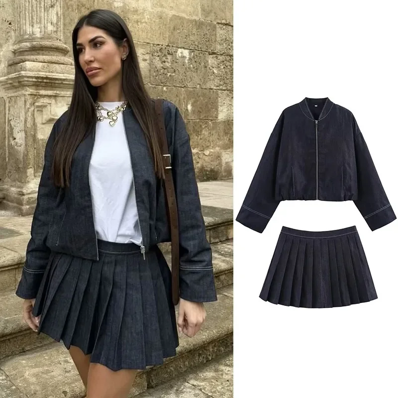 

GELITAYIN женский джинсовый комплект из двух предметов, высококачественная укороченная куртка, плиссированная юбка, джинсовая ткань, повседневная уличная повседневная одежда