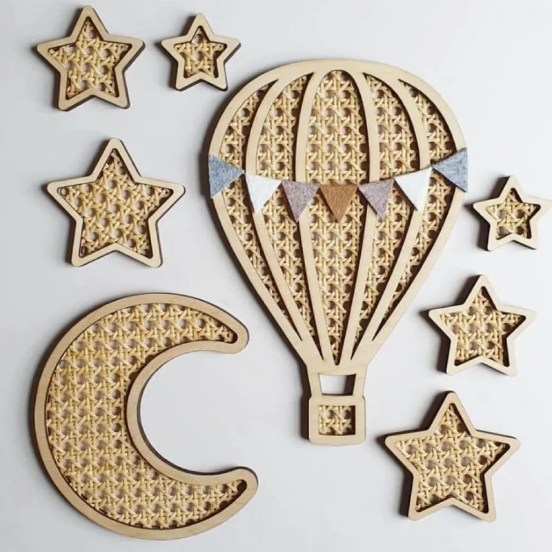 INS Rattan Woven Wall Ornaments Wooden Rattan Rainbow Hot Air Balloon Moon Star Wall Stickers For Kids Room Wall Decoration