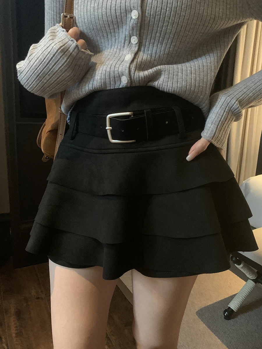 High Waist A-Line  Skirt with Lace Trim Spicy Girl Style Half Length Skirt Versatile Short Dress for Urban Commuting