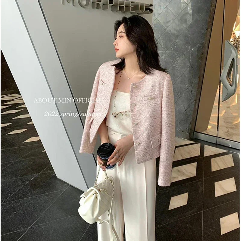 Small Fragrance Runway Fall Winter French Tweed Wool Sweet Pink Jackets Coat Women\'s Chic High End Female Outerwear Suit