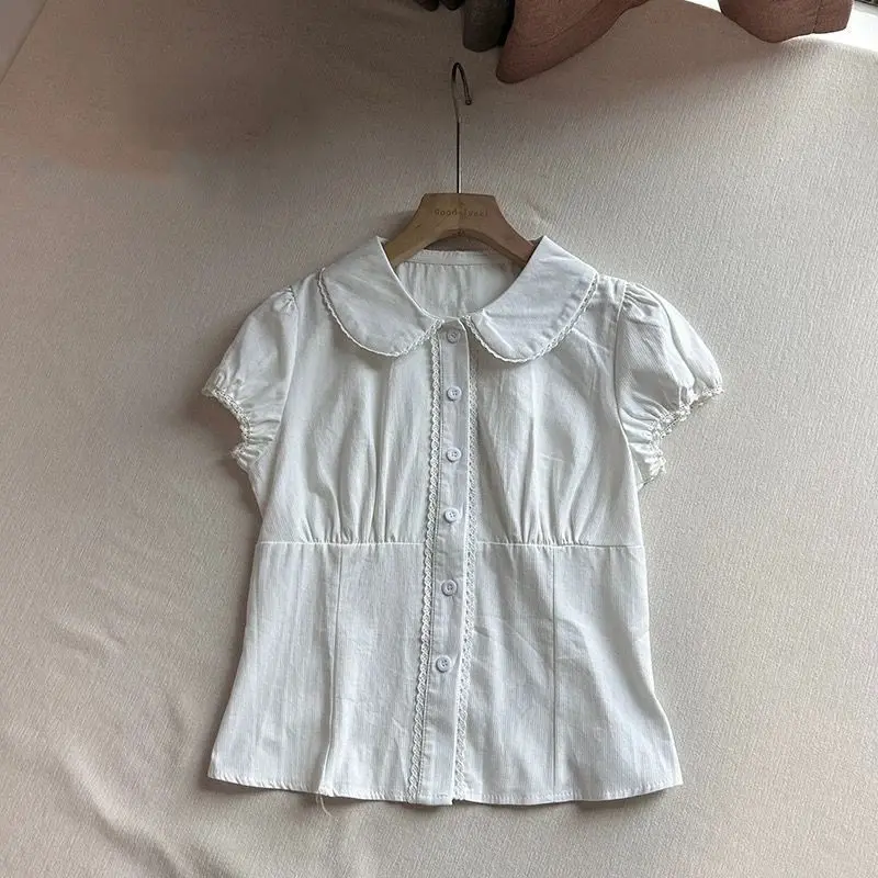 Deeptown White Lace Patchowork Shirts Women Sweet Short Sleeve Peter Pan Collar Lolita Blouses Preppy Korean Style Babydolls Top