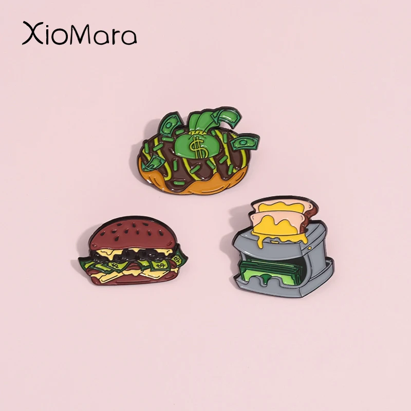 Alfileres esmaltados de hamburguesa y Chocolate, moneda de dólar, broches para hacer pan, insignias de solapa, ropa, joyería creativa, regalo para amigos