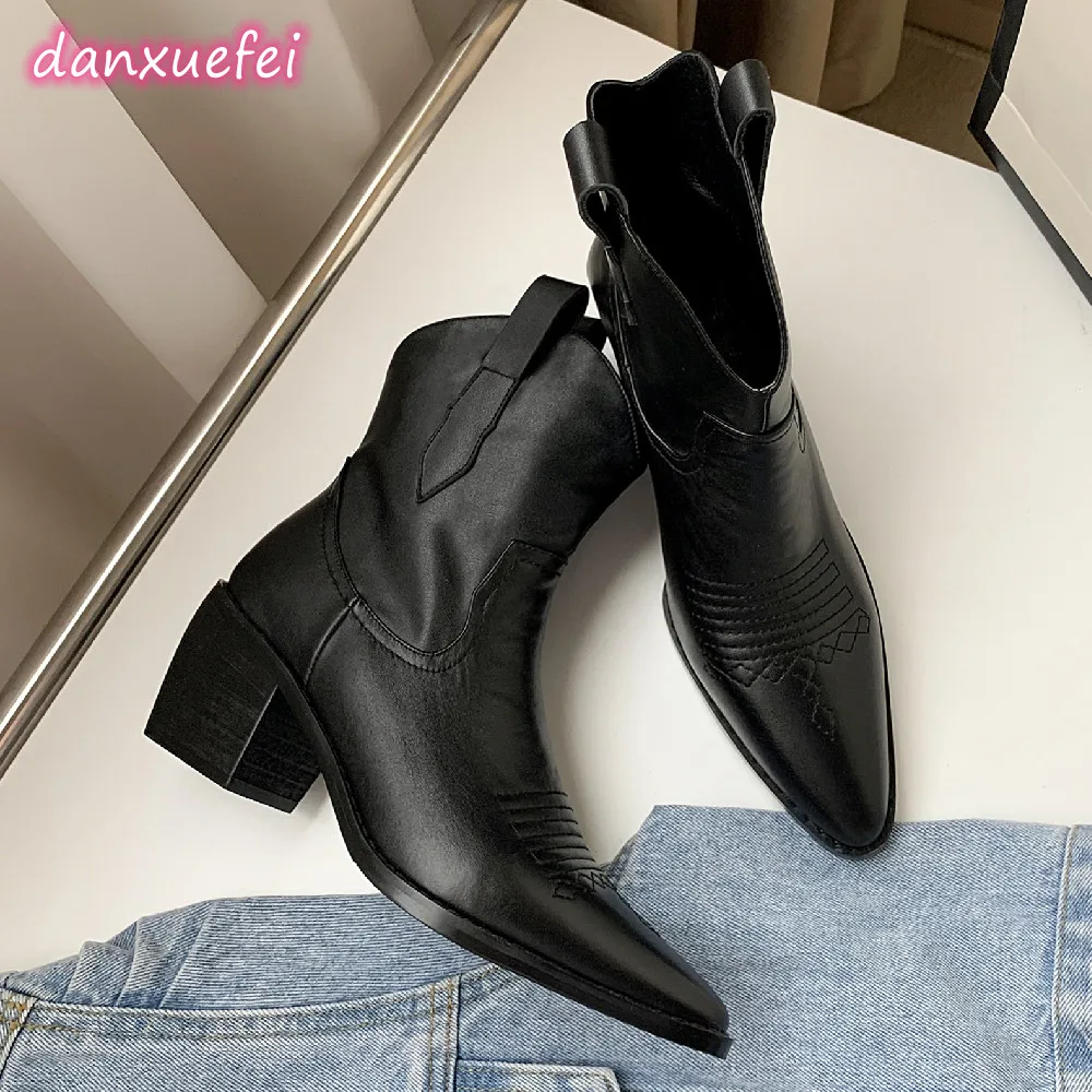 Women\'s genuine leather 6.5cm thick high heel pointed toe slip-on autumn ankle boots embroidery casual female short booties shoe