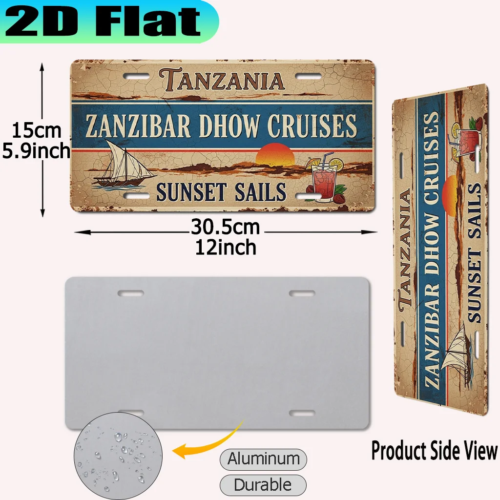 2D Flat - 【2D Flat】 2D Flat - [2D Flat] A Vintage Aluminum Sign Featuring a Single-Masted Sailboat Cruise in Zanzibar, Tanzania