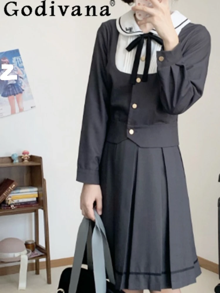 

Sweet Japanese College Long Sleeve Jk Shirt Uniform Spring Autumn New Versatile Age-reducing Gray Simple Fashion Pleated Skirts