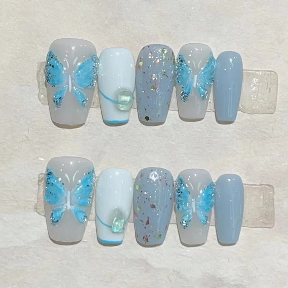 Uñas postizas pintadas a mano, 10 piezas, mariposa, cubierta completa, flor azul, Ballet francés, usable, manicura