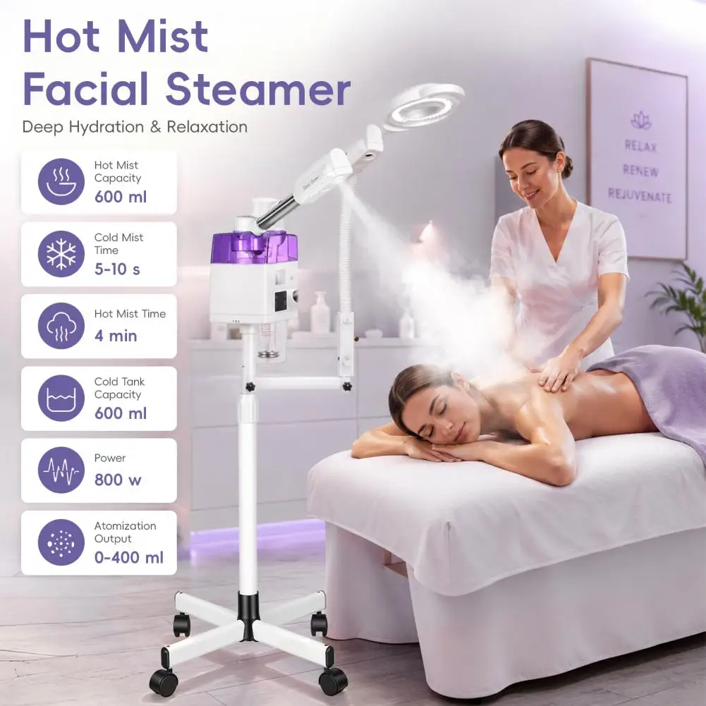 3 in 1 Facial Steamer with LED Light 360° Rotating Hydrating Facial Steamer for Home Spa Deep Cleansing Skin Care Equipment
