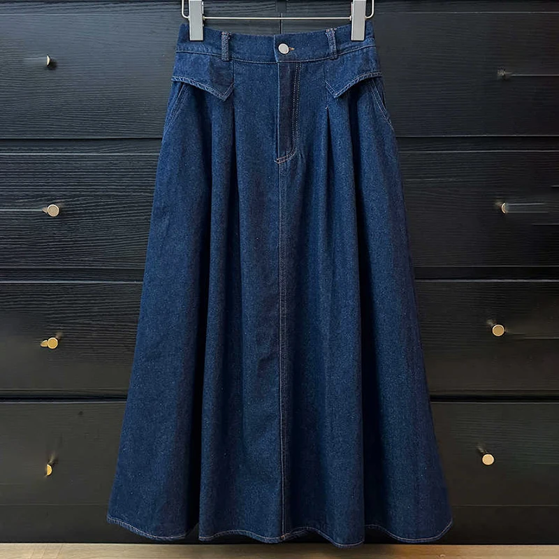 Gonne di jeans stile coreano retrò Donna Primavera Estate Elastico a vita alta A-line di media lunghezza Blu Gonne di jeans allentate semplici