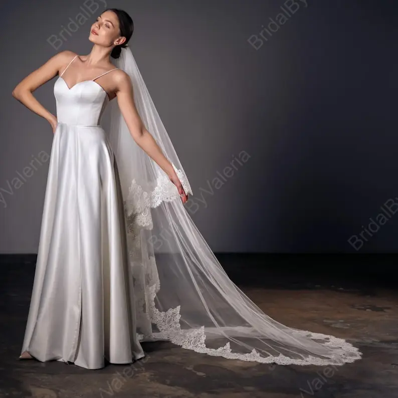 Wedding Accessories Blusher Cathedral Lace Wedding Veil Long Ivory Bridal Veil 2 Tier Fingertip Veil Custom Length
