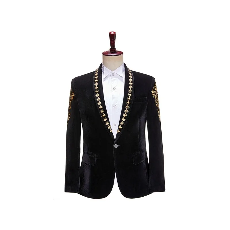 

Mens Suits 2 Piece Velveteen Embroidery Edge Lapel Collar Black Velvet Suits Stage Perform Compere Anchor Coat Mens Suits