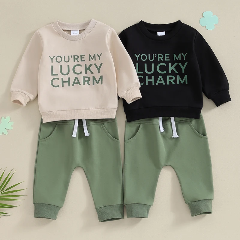 

2023-11-02 Lioraitiin 0-3Y Toddler Boy St. Patrick's Day Clothes Letter Pattern Long Sleeve Sweatshirt Elastic Waist Pant Outfit