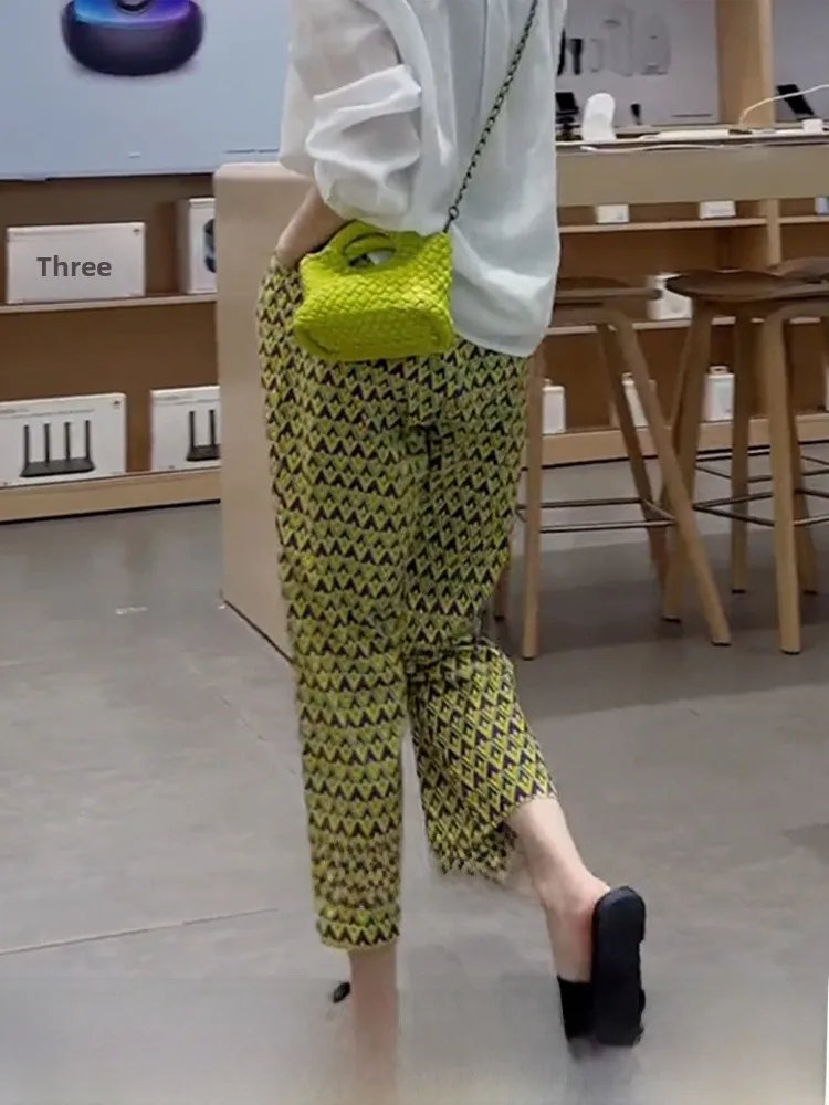 Summer Casual Floral Print Straight Leg Nine-Piece Pants Women's High Waist Korean Sle Commute ket Detail Thin Fabric