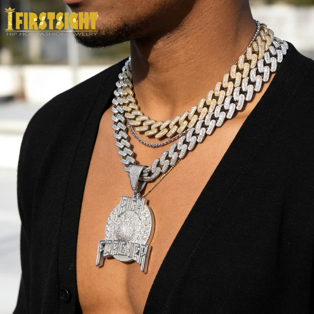 New Iced Out Bling CZ Letter Rich Forever Pendant Necklace Cubic Zirconia 15MM Cuban Chain Badge Money Charm Men Hip Hop Jewelry