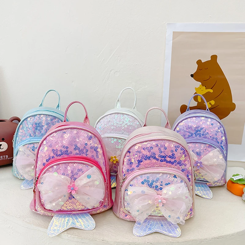 Mochila infantil com lantejoulas Disney, mochilas princesa sereia, bolsa pequena para meninos e meninas, presentes de aniversário