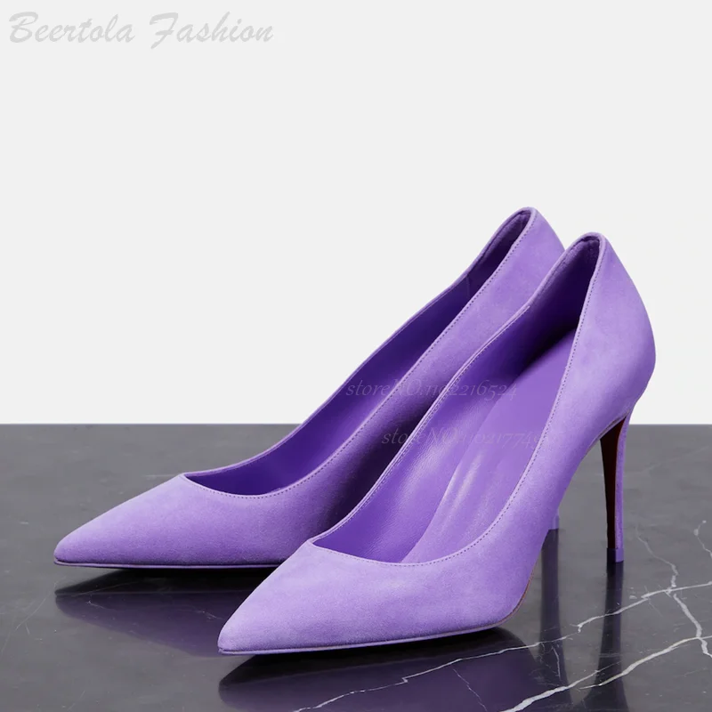 Zapatos de tacón de aguja para mujer, sandalias de gamuza púrpura, Punta puntiaguda brillante de pana fucsia, cubierta de zapatos de vestir negros de trabajo informal Sexy, 12Cm