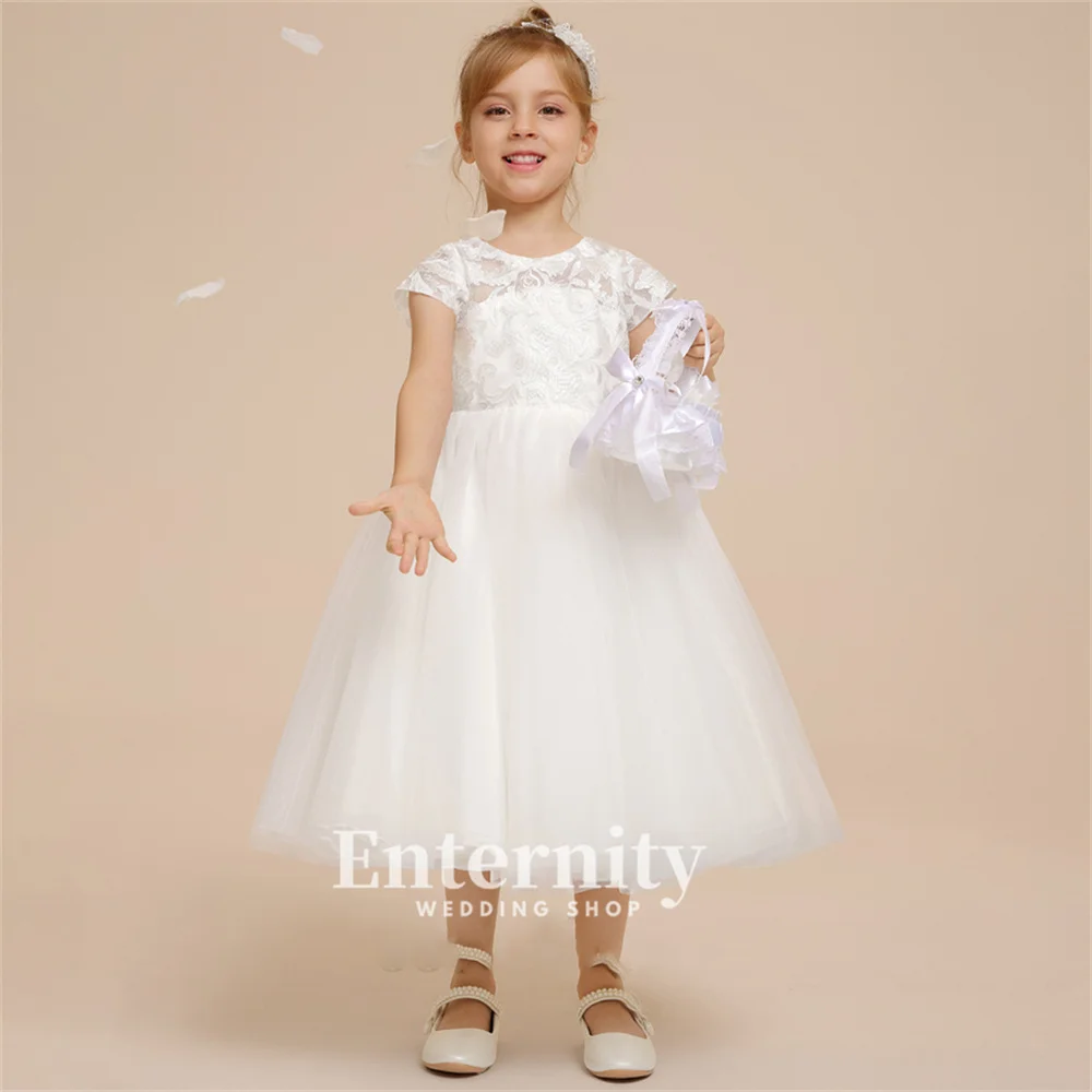 Customized Flower Girl Dress A Line Scoop Neck Girls Elegant Dress Tea-Length Lace Tulle Bow Wedding Dresses Vestidos Para Niñas