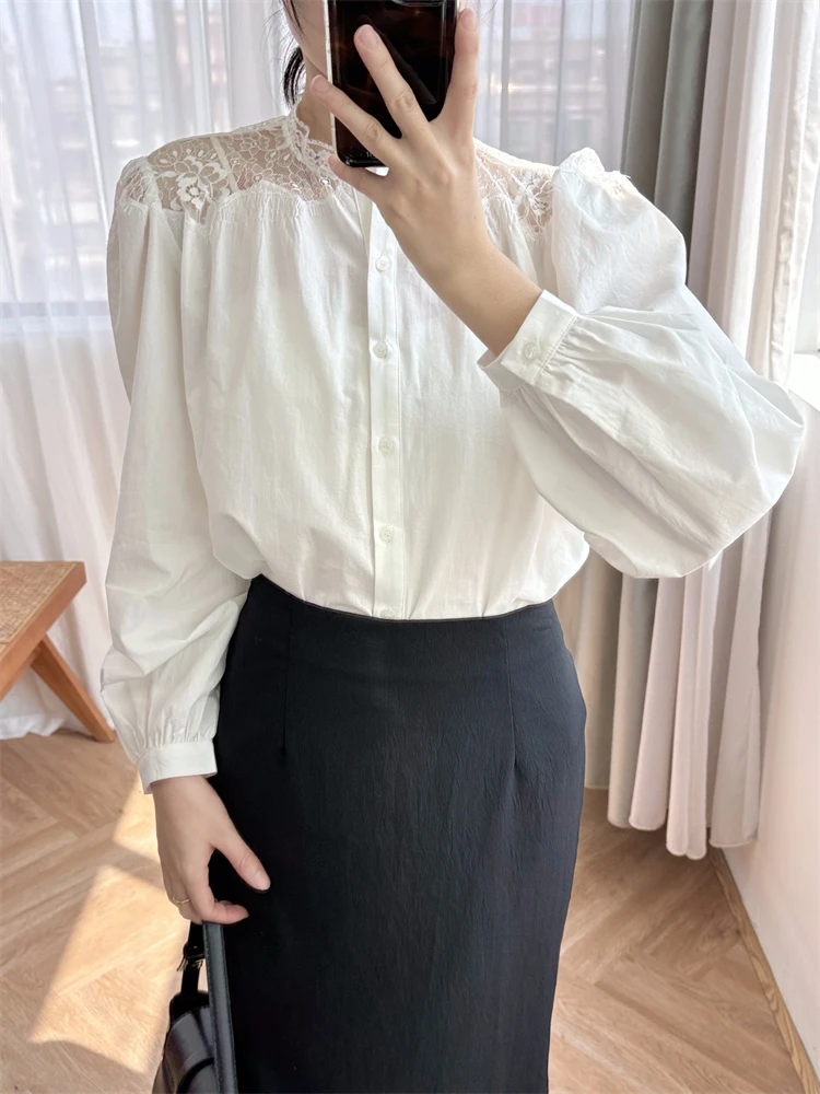 Shoulder lace shirt,white shirt fashionable and niche Western style top, white cotton women's M home, 2024 autumn French style