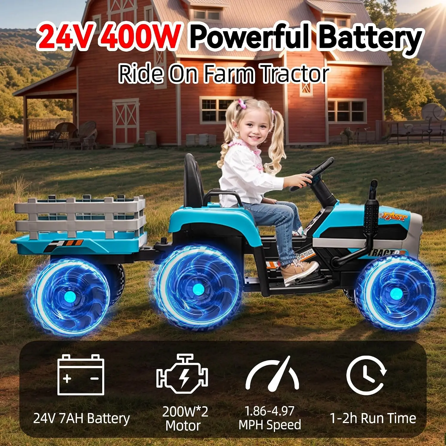 24V Ride Tractor Trailer 400W Electric Car Kids Toddler Toy Remote Control 3 Speed Adjustable MP3 Bluetooth LED Light Blue