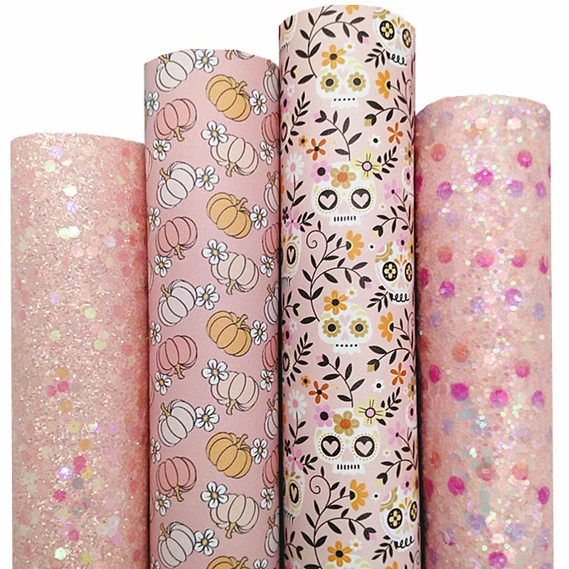 Pastel Colors Dots Custom Glitter Leather Sheets Pumpkins Skulls Flowers Printed Synthetic Leather For Bow DIY 21x29CM Q1468