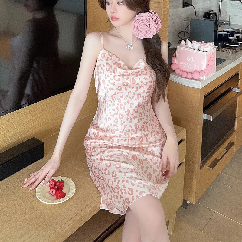 New Swinging Collar Sexy Nightgown Women's Summer Thin Ice Silk Suspender Printed Pajamas Live Stream Popular Loungewear