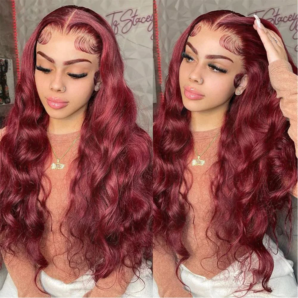 

Body Wave 99j Burgundy 13x6 Hd Transparent Lace Front Wig Human Hair 30 Inch Colored Lace Frontal Brazilian High Density Wigs