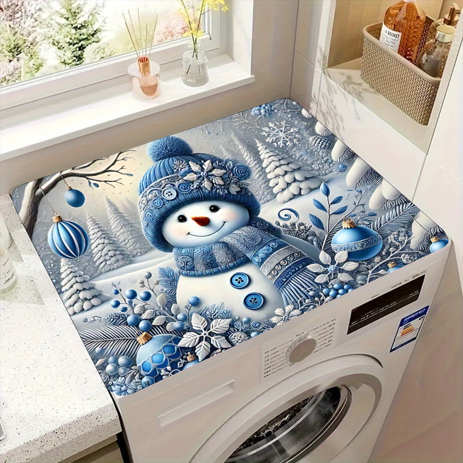 

1pc Blue Snowman Winter Scene Washing Machine Cover for Laundry Room Decor Protective Cover for Home Appliance
