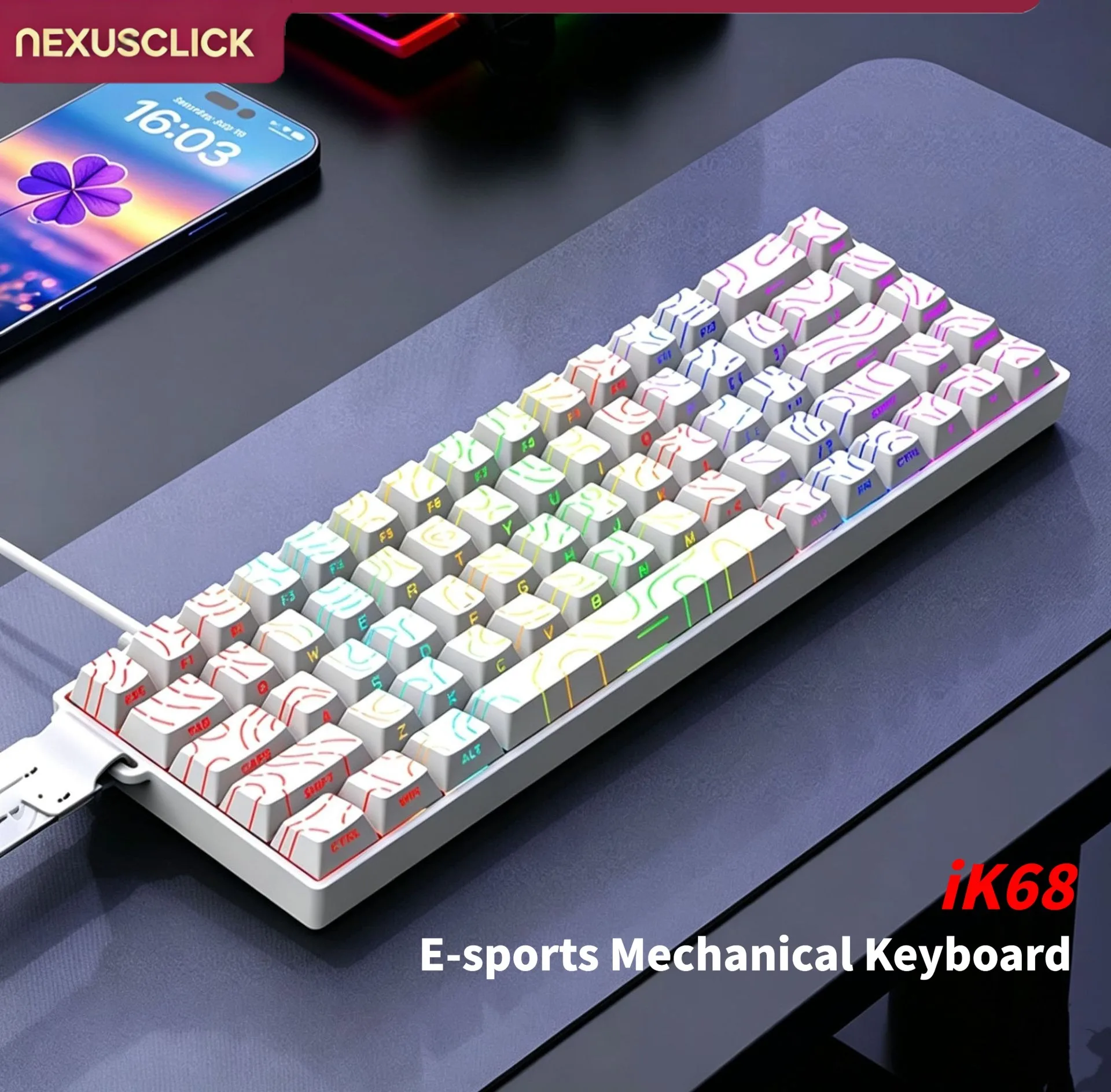 NexusClick iK68 68 Keys Hot‑Swappable Mechanical Keyboard Side‑Engraved Keycaps Type‑C Wired Gaming Keyboard Full Anti‑Ghosting