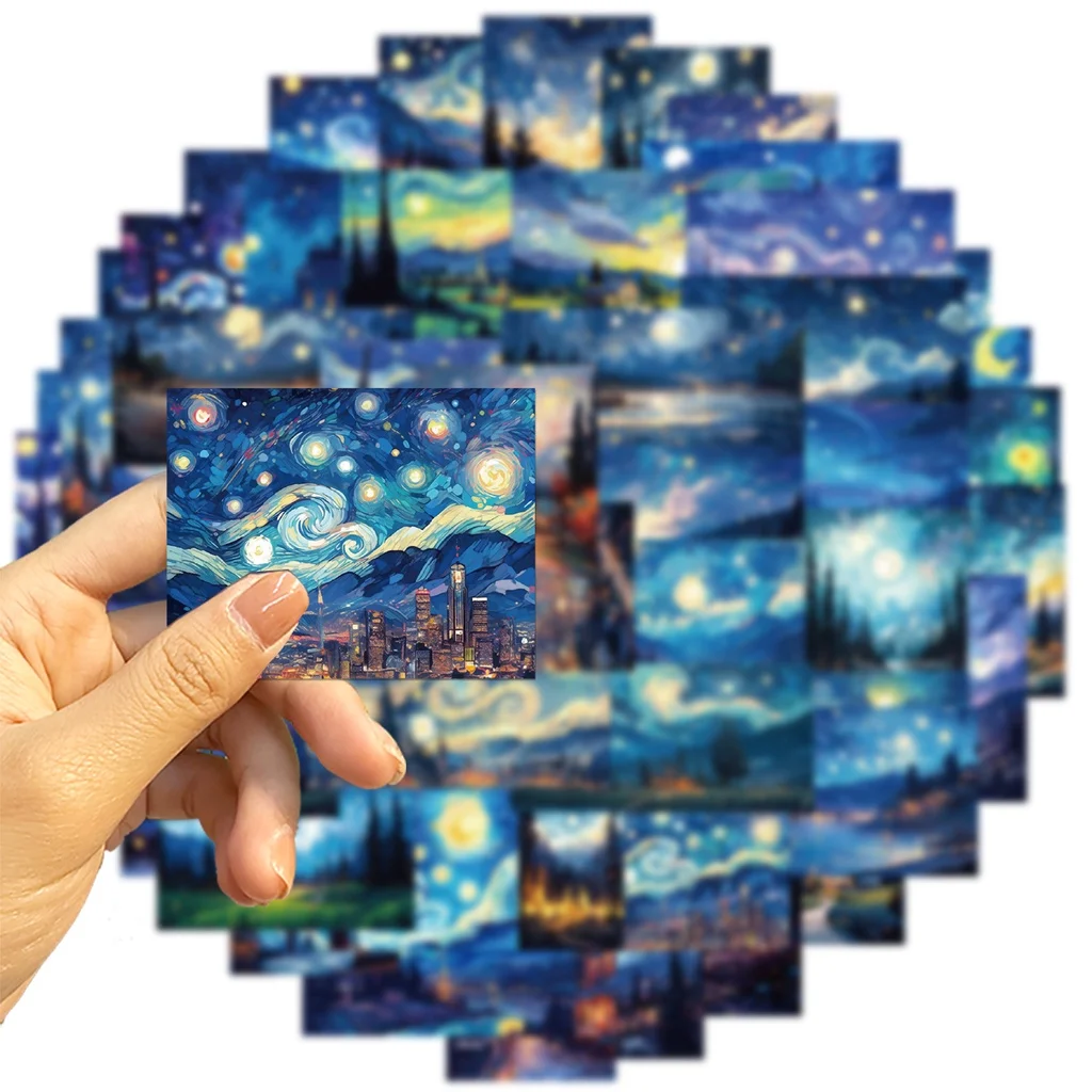50PCS Cartoon Van Gogh The Starry Night Oil Painting Waterproof Graffiti Stickers for Helmet Hand Account Decal Papery Pop Store