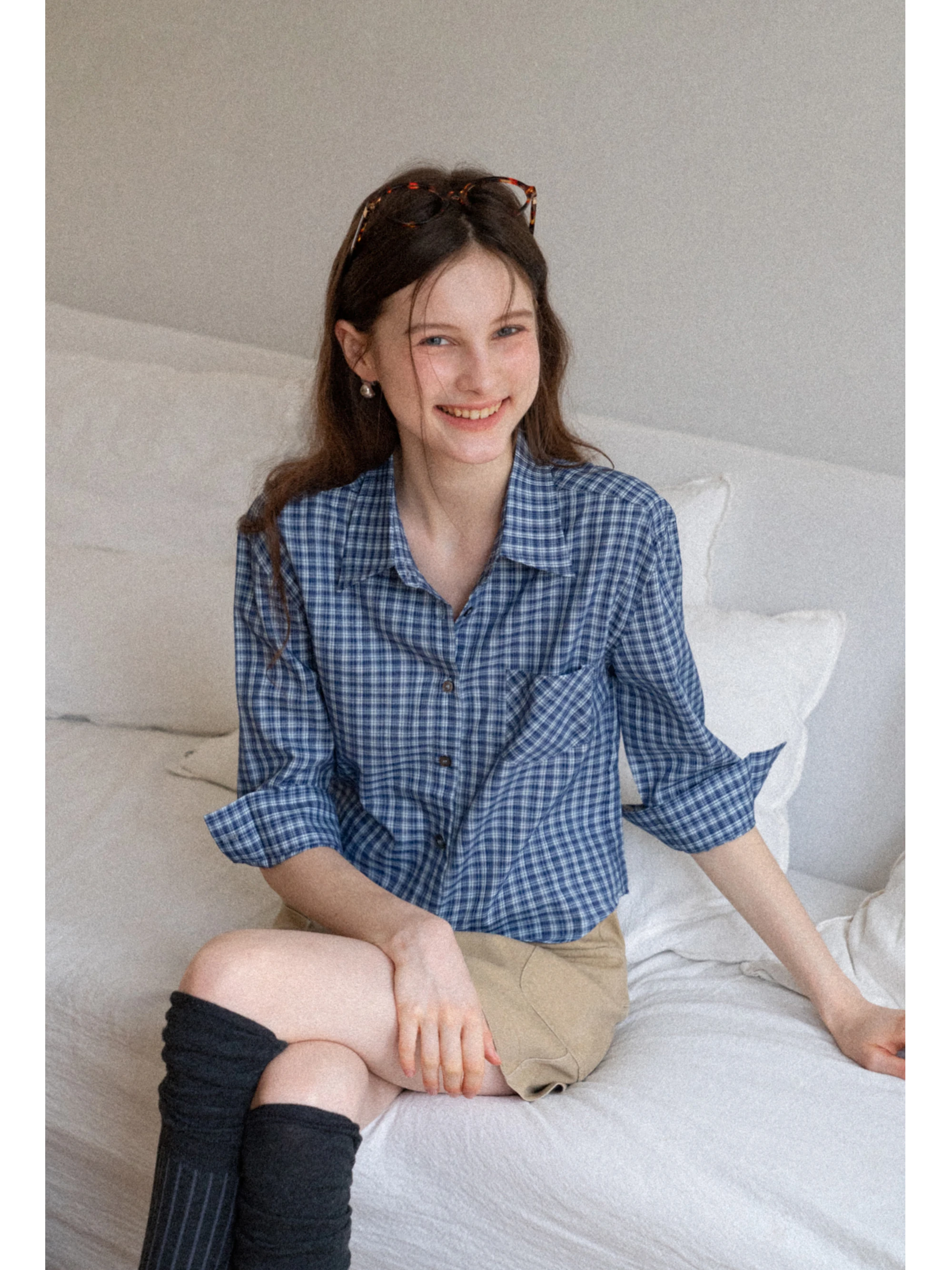 

EGGKA Women's Plaid irt ort Casual Seven-Sve Turn-down Collar Slimming Vintage Autumn New Sle Breathable Polyester C...