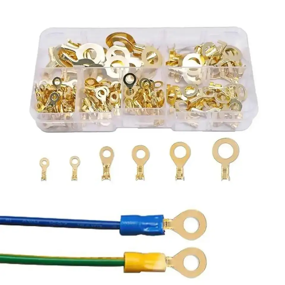 

150Pcs Non-Insulated Crimp Terminals O-Type Cold-Pressed Copper Tab Cable Brass Terminal Block Boxed Wire Connector Lugs