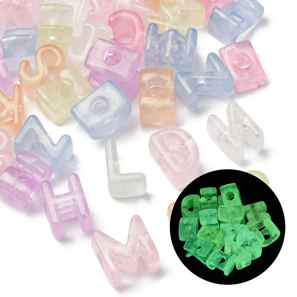PandaHall 250pcs Random Luminous Glow in the Dark Acrylic Letter Beads, Transparent with Glitter for DIY Jewelry Making