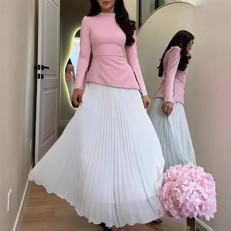 Women Fashion Draped Slim Long Skirt Outfits Casual Hight Waist Solid 2Pc Suit Elegant Stand Collar Long Sleeve Top & Skirt Set