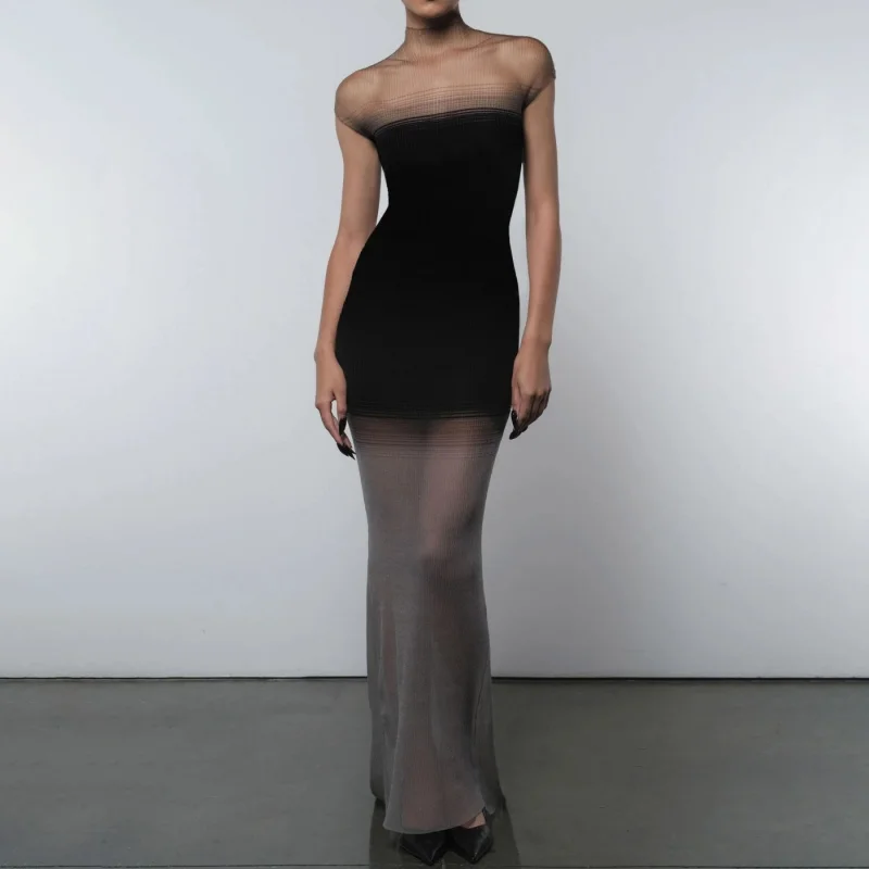 Summer New Women's round Neck Elastic Slim Fit Fish Thread Splicing Hollow Tank Sleeve Dress Fashionable Sexy Long Dress 2025