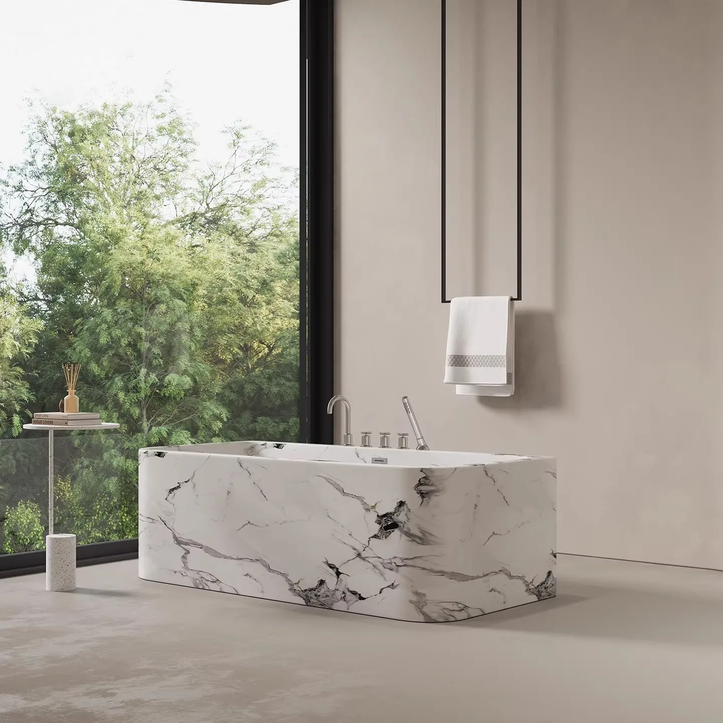 Freestanding Artificial Stone Bathtub Marble Texture One Piece Molding Heat Preservation Anti Yellowing For Bathroom Hotel Villa
