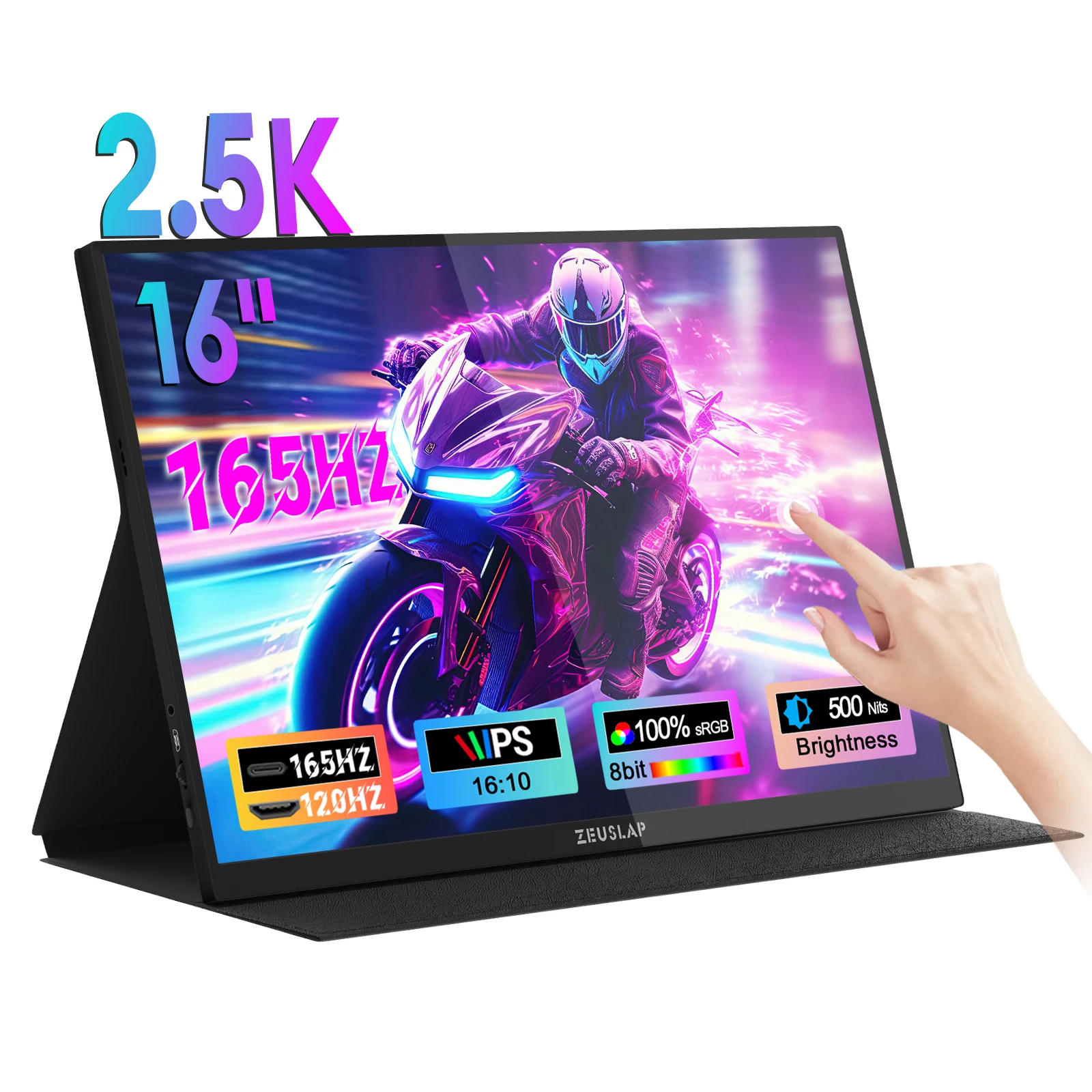 

ZEUSLAP P16KT PRO 16" 165Hz Portable Monitor 2.5K 500nit Touchscreen 100% sRGB Display for Gaming Laptop PS5 Xbox PC