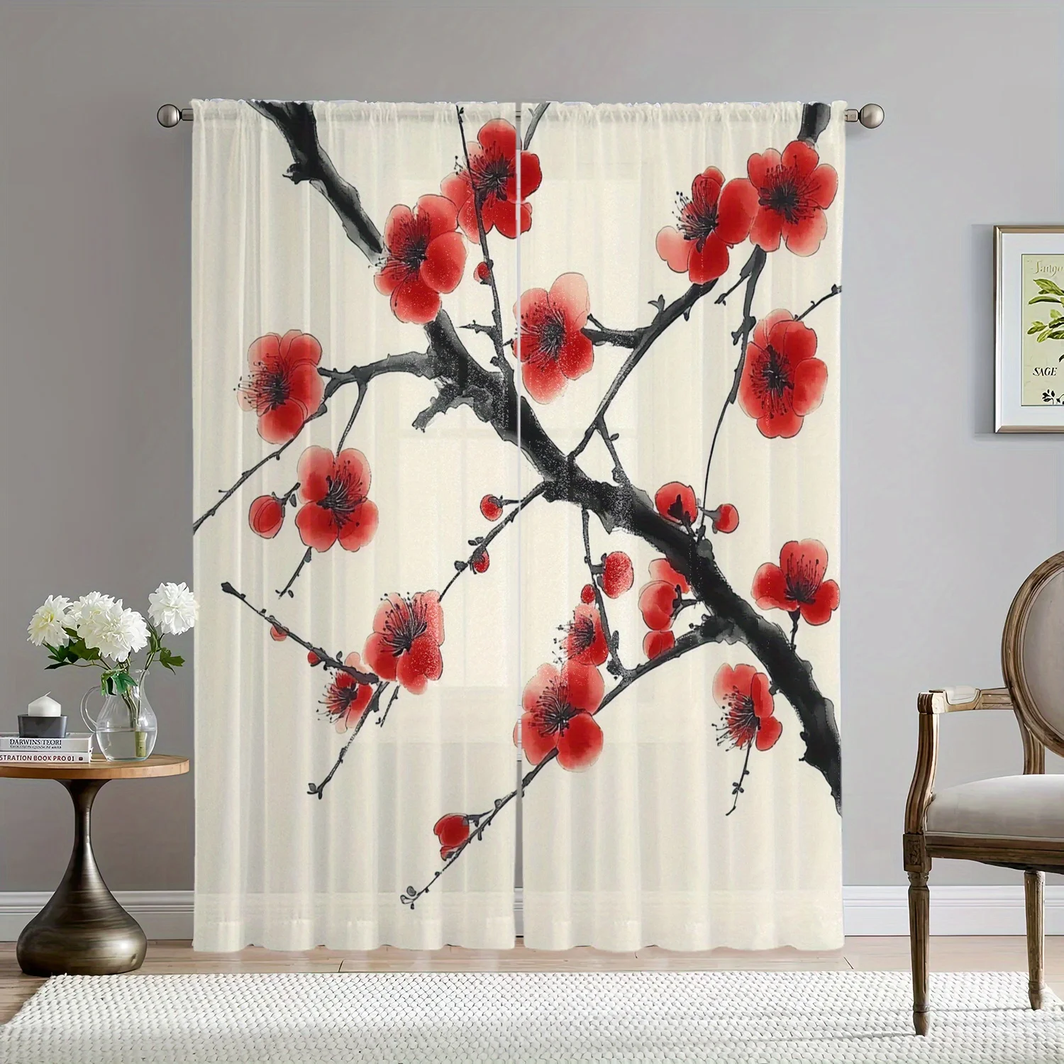 1pc White curtains with red plum blossom pattern on a polyester background. Machine washable. Suitable for living room bedroom.