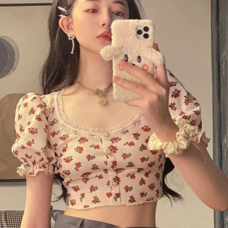 Summer Floral Printed T-Shirt Women  Puff Sleeve U-Neck Buttons Slim Exposed Navel Shirt Top Ladies Fashion Sweet Clothes