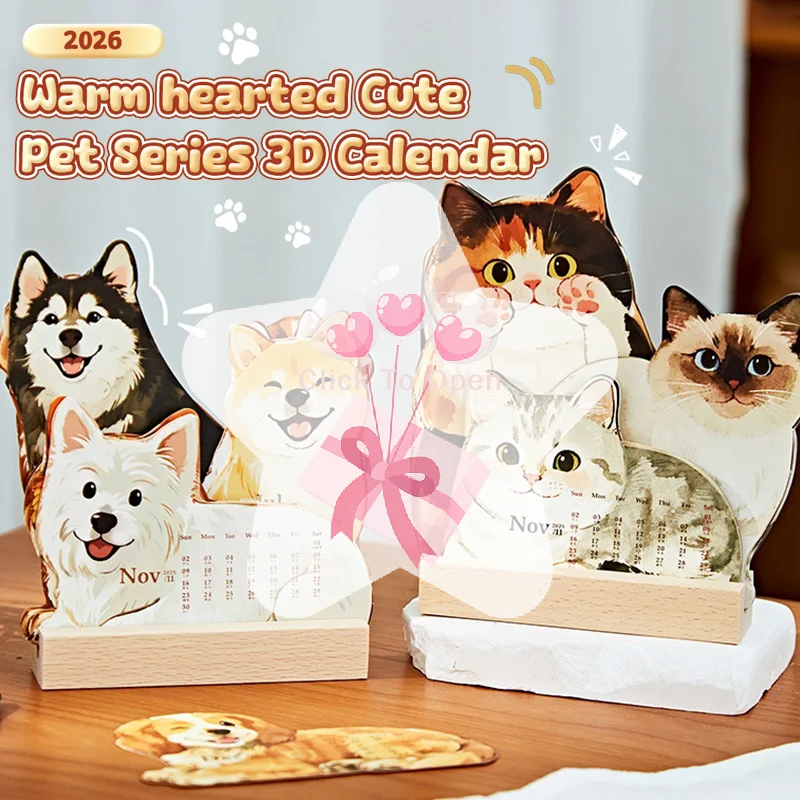 

Причудливый стиль карточек настольного календаря Feline Canine 2026 с деревянным держателем для украшения дома и ежедневного планирования
