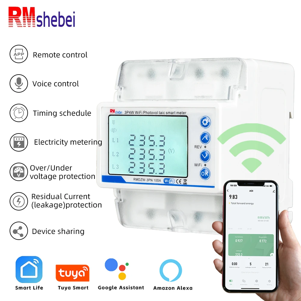 RMshebei Tuya Smart WiFi Circuit Breaker Three-phase 4P100A Timing Switch Two-way Metering Three-phase Unbalanced Stability
